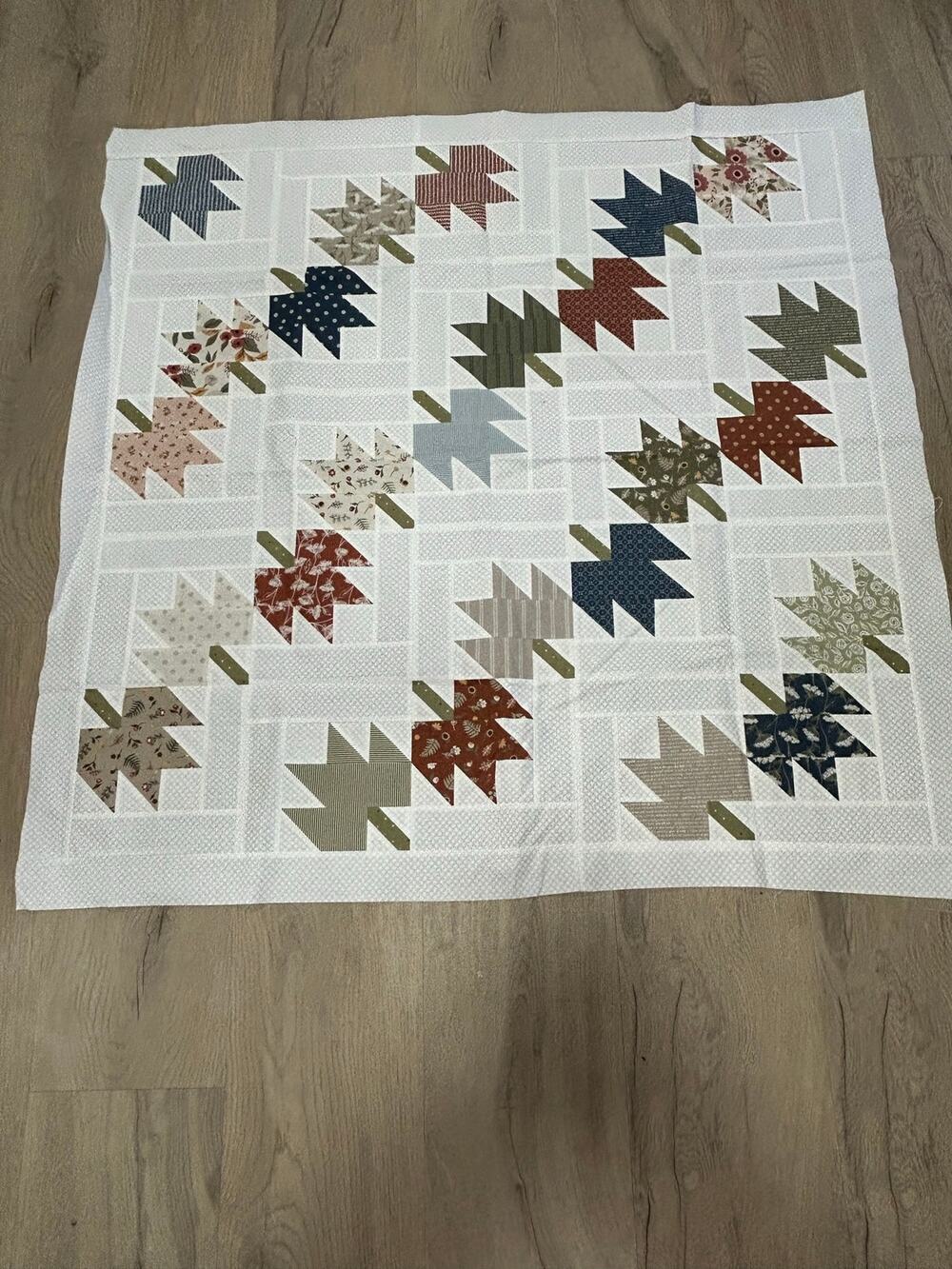 Handmade Unfinished Quilt Top Fall Maple Leaves Patchwork Neutral Farmhouse